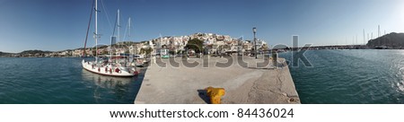 Skopelos, Greece - Panorama image taken from the mole in the early morning hours