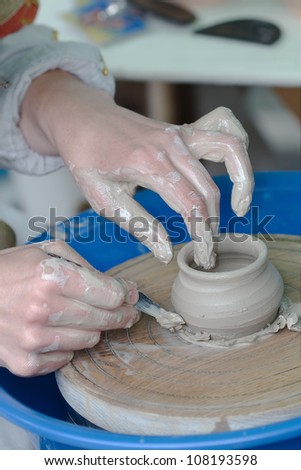 The potter engaged in manufacturing clay of products