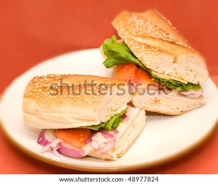 turkey and cheese deli sandwich on retro red kitchen counter