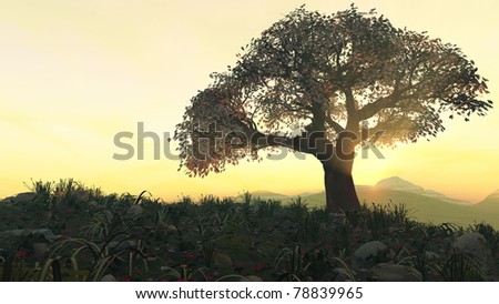 The hill, digital generated tree over a hill with mountains in the horizon