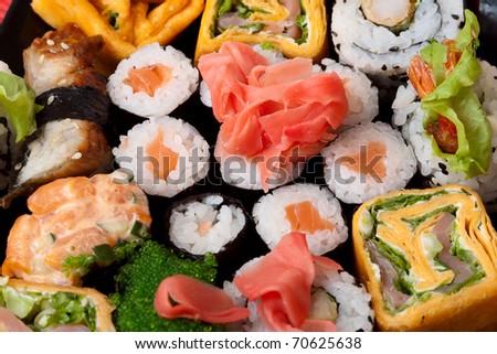 Closeup Japanese food. Traditional sushi and rolls. Series japanese food