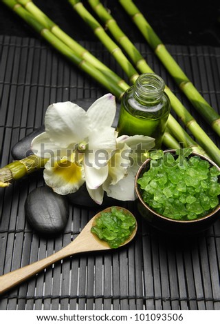 Spa Settings (zen stones, massage oil, bamboo grove , orchid, sea salt in bowl)