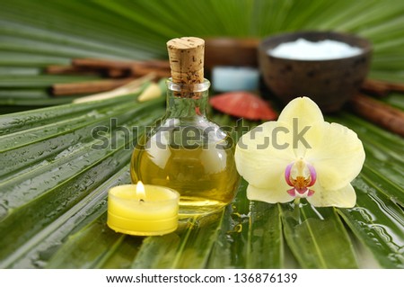 Spa set with orchid flower ,spa oil ,towel salt in bowl on palm leaf