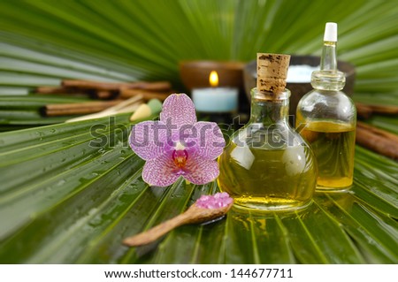 gorgeous orchid with candle, oil ,salt in bowl ,candle on palm leaf texture
