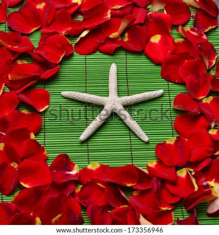 Starfish with many red rose petal on a green mat