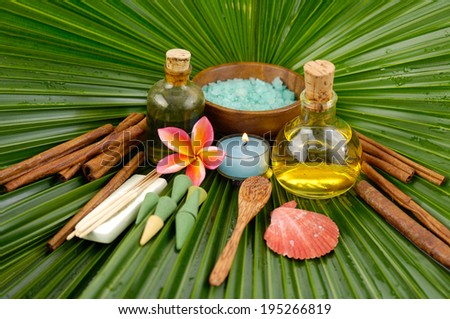 Spa set with frangipani,spa oil , salt in bowl ,candle ,spoon on wet palm leaf