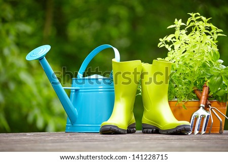 Rubber boots with watering can in wood terrace