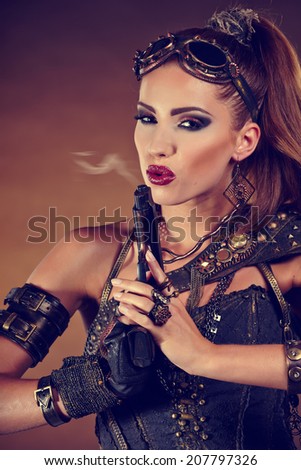 Steampunk woman over gunge background. . Fantasy fashion for cover.