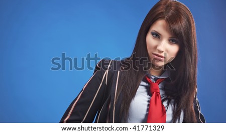 Beautiful air hostess isolated on one colour background