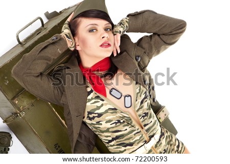 pin-up image of sexy lovely brunet in military form