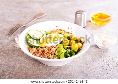 Similar – Image, Stock Photo Preparation of tasty buckwheat balls on kitchen table with ingredients. Healthy home cooking and eating concept