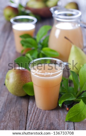 The glass og pear\'s juice with fresh pears, selective focus