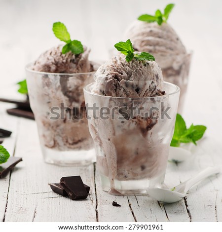 Ice-cream with mint and chocolate, selective focus and square image
