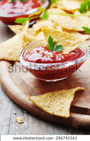 Concept of mexican food with spicy salsa, selective focus