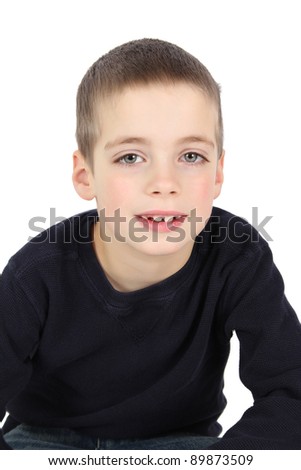 Portrait Of Cute Brunette Boy Against White Background Stock Photo ...