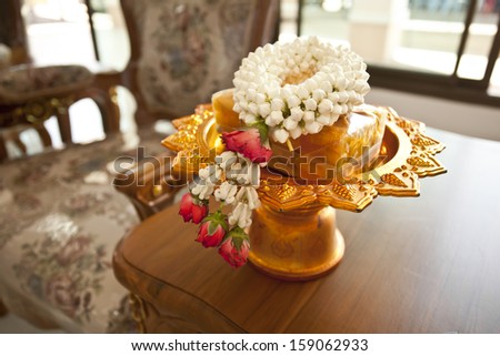 Thai garland, Thai style fresh flower garland on golden tray