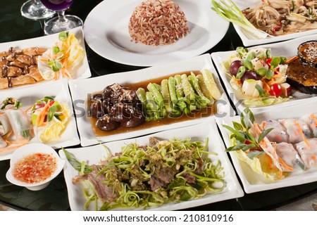 food set, round table full with many vegetarian Thai food with rice for diet