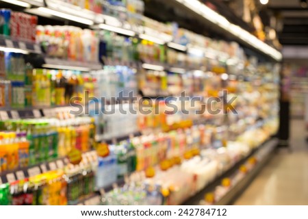 supermarket, blur view of beverage product on refrigerator shelves in supermarket