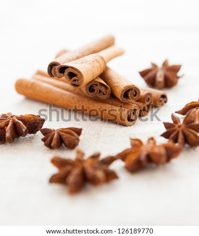 Anise and cinnamon sticks close up. Collection of spices for christmas cake