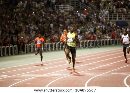 THESSALONIKI, GREECE - SEPTEMBER 12:IAAF/VTB Bank World Athletics Final Usain Bolt  after the final Mens 100m celebrates his victory on September 12, 2009 in Kaftatzoglio stadium, Thessaloniki, Greece