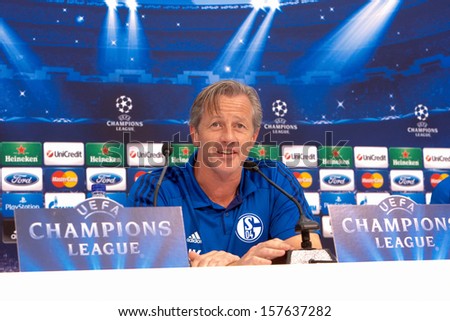 THESSALONIKI, GREECE - AUGUST 26: Jens Keller on a press conference prior Champions League match PAOK FC vs Schalke FC on August 26,2013 in Thessaloniki, Greece.
