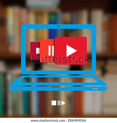 Blue Laptop Symbol with Red Start, Stop, Play Icons, Blurred Photo Background (Bookshelf)