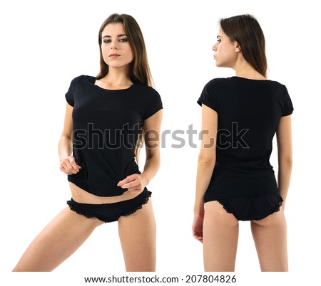 Young beautiful sexy female with blank black shirt, front and back. Ready for your design or artwork.