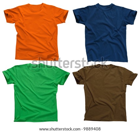 Photograph Of Four Blank T-Shirts, Green, Dark Blue, Brown, And Orange ...