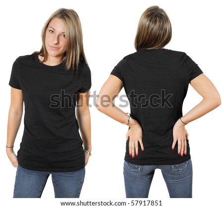 Young Beautiful Female Wearing Blank Black Shirt, Front And Back. Ready ...