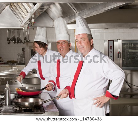 group of young beautiful professional chefs portrait in industrial kitchen