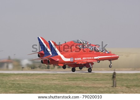 IZMIR,TURKEY – JUNE 06 :british demonstration team ´´red arrows´´ hawk  jets takes off at ´´Airshow Turkey´´ on june 06 2011 in izmir, Turkey,