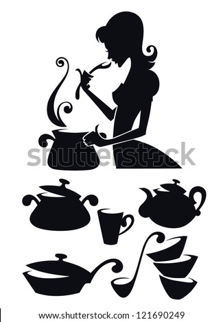 vector collection of cooking equipment and food symbols, and image of woman tasting homemade meal