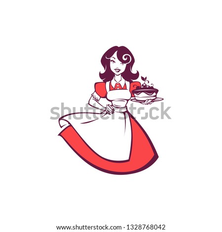 beauty retro pinup cartoon girl holding a delicious tasty cake, for your logo, label, emblem