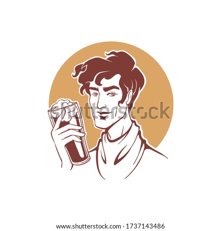 handsome barman holding a craft beer cup, vector illustration for your logo label, emblem