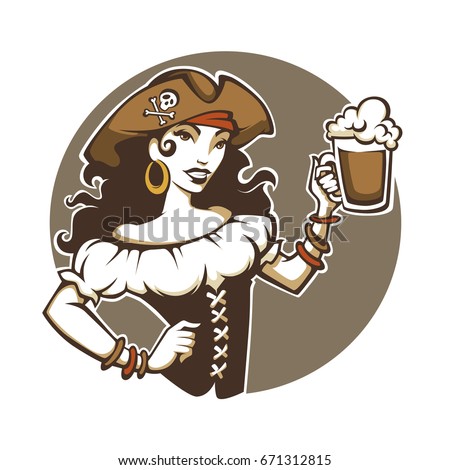 Pirate Party, vector portrait of beautiful lady in corsair costume and hat hold a draft beer