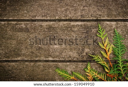 Background of old weathered wooden surface with fallen foliage in Fall