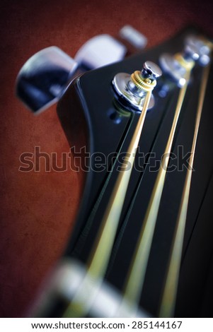 Closeup detail on an acoustic guitar head stock and metallic chord