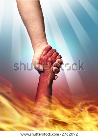 God making a pact with the Devil by shaking hands.