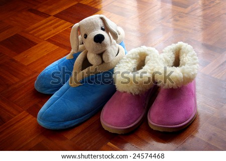 Two pairs of children warm bedroom slippers and teddy dog