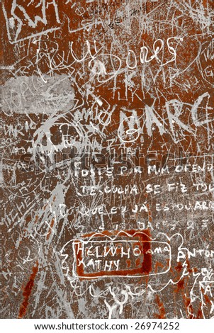 Grunge background with graffiti and writings on a rusty metallic surface