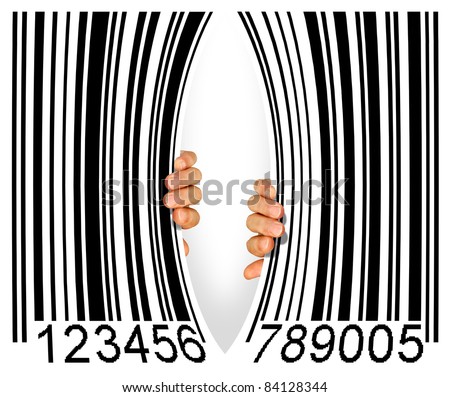 Big bar code torn apart in the middle by two hands - Consumerism concept
