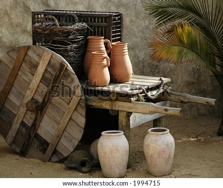 Pottery and wooden ware depicting first century mid-eastern domestic life.  (Replicas)