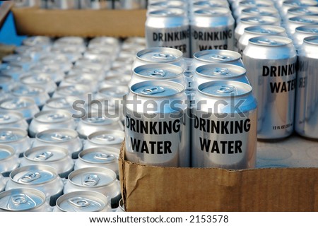 Cans of disaster relief drinking water