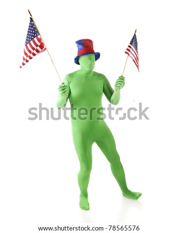 A green morph man carrying American flags while wearing a patriotic hat.  Isolated on white.