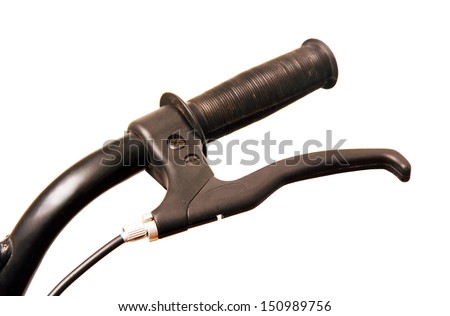 the left side of the bicycle handlebars with the brake lever, white background.