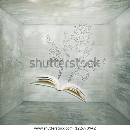 Fantasy background represent a book flies in a cube and some elegant hand drawings that coming out from the book