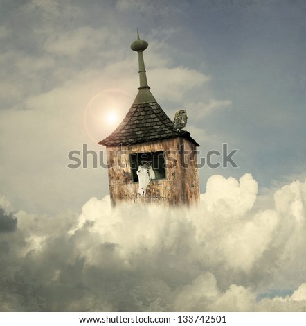 Beautiful fantasy tower- house as an Noah\'s Ark that flying in the clouds with a white horse inside and a owl on the roof