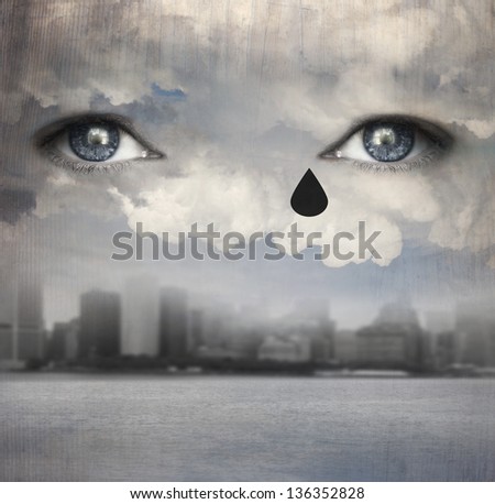 Surreal background representing two human eyes crying up from the clouds with a modern skyline city and water under