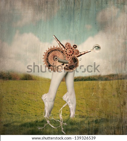 Fantasy artistic image that represent feet tiptoe and calves of a classic ballerina in a ballet slippers with a surreal mechanism of gears that supposed to move them in a surreal background