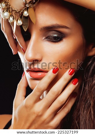 beauty young sencual woman with jewellery close up, luxury portrait of rich real girl, party makeup